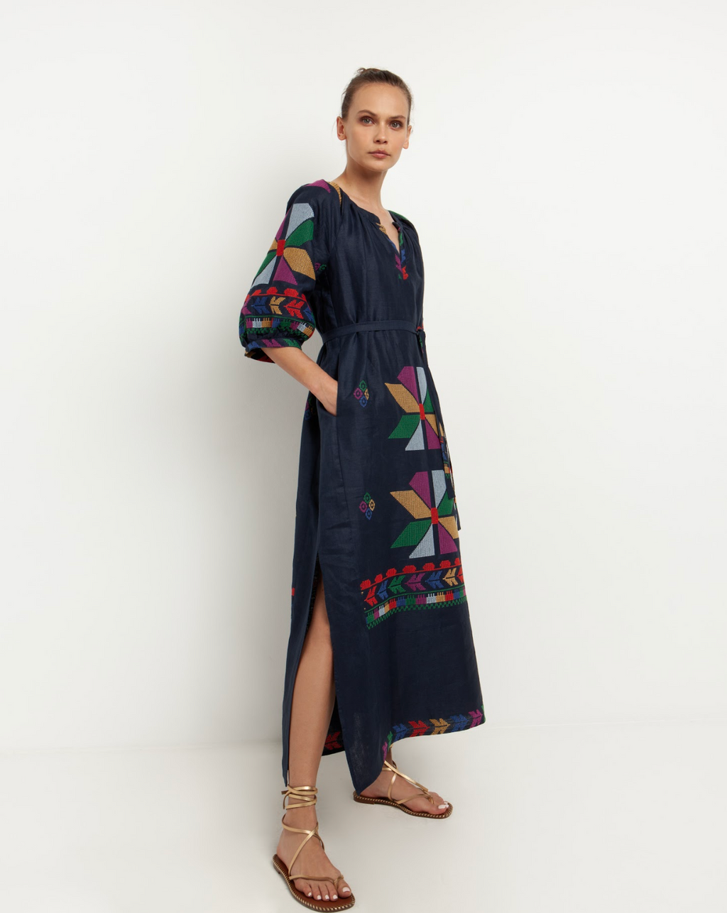 Aeolis Belted Midi Dress with Color Block in Navy Blue/Multi