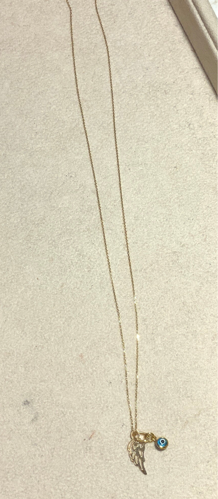 Wing and mati 14k gold necklace