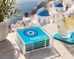 Acrylic Bon Voyage Coaster, Greece Set of 4 with holder