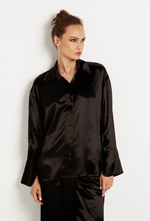 Long Sleeve Button Down in Black Satin