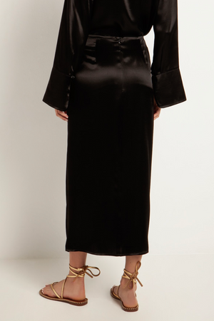 Midi Sarong Skirt in Black Satin