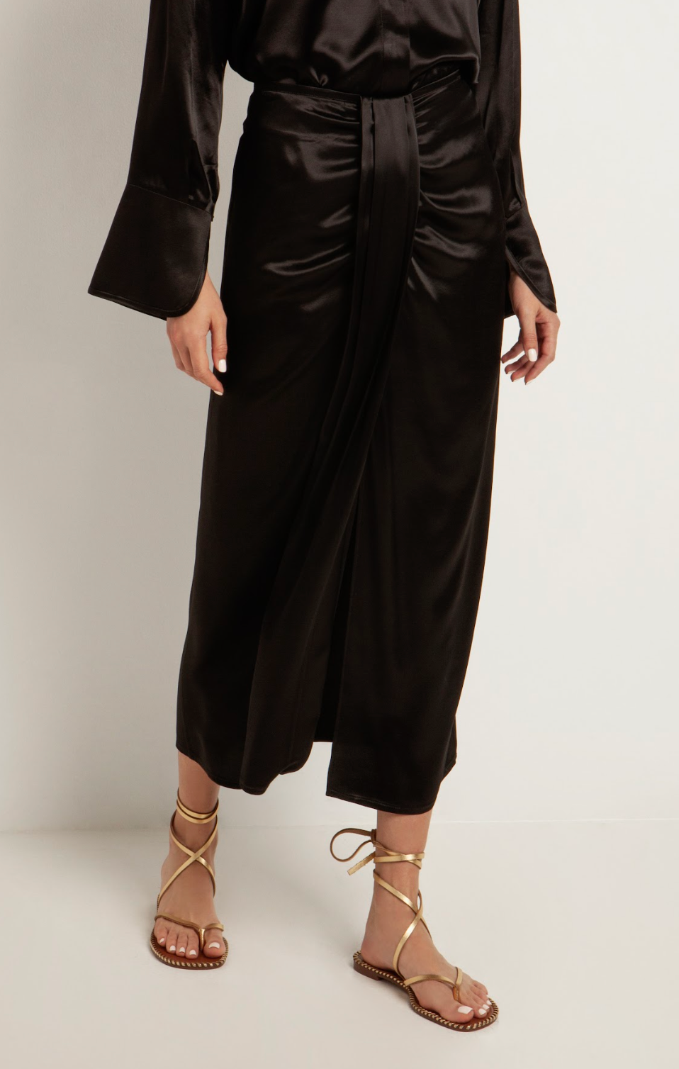 Midi Sarong Skirt in Black Satin