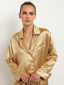 Long Sleeve Button Down with Pocket in Gold Satin