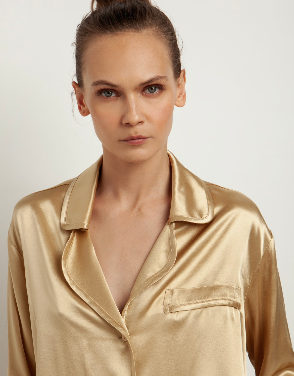 Long Sleeve Button Down with Pocket in Gold Satin
