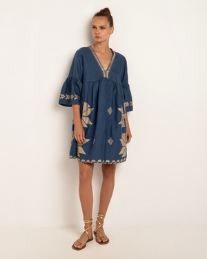 Bell Sleeve Embroidered Short Dress
