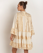 Short embroidered dress with Bell Sleeves in Natural/Gold