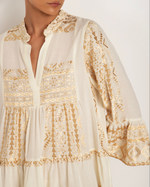 Short embroidered dress with Bell Sleeves in Natural/Gold