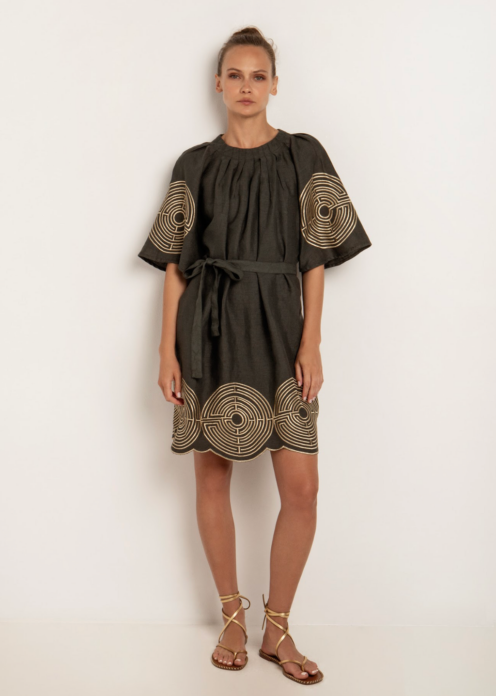 Short Pleated Dress with Labyrinth Embroidery in Khaki/Gold