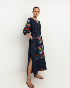 Aeolis Belted Midi Dress with Color Block in Navy Blue/Multi