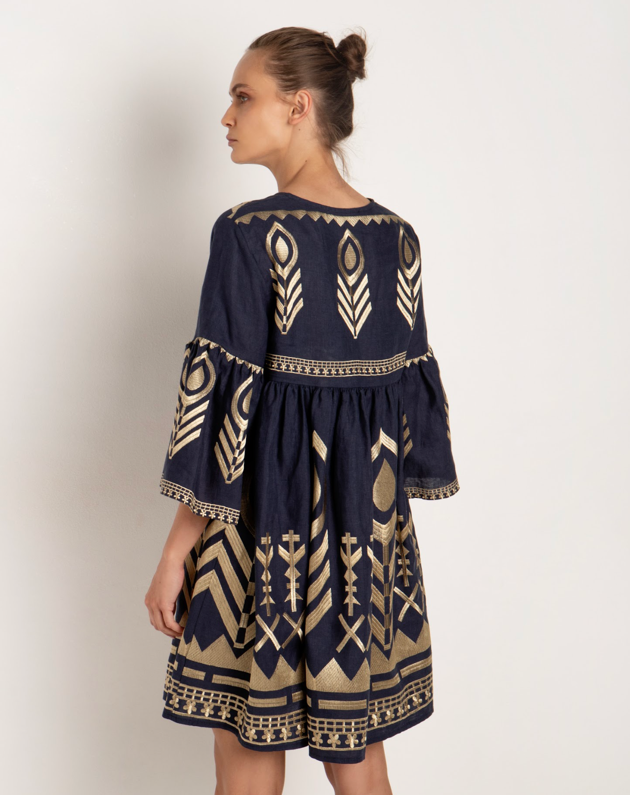 Feather Bell Sleeve Mini Dress - Navy Blue/Gold