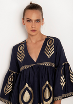 Feather Bell Sleeve Mini Dress - Navy Blue/Gold