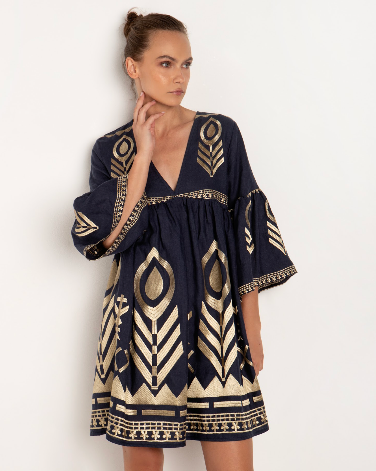 Feather Bell Sleeve Mini Dress - Navy Blue/Gold