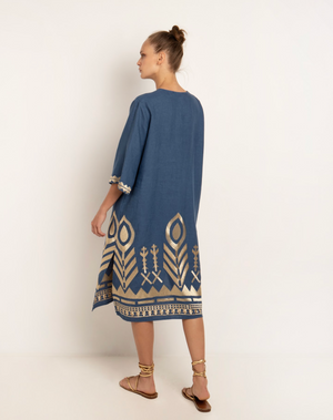 Feather V-Neck Midi Dress- Indigo/Gold