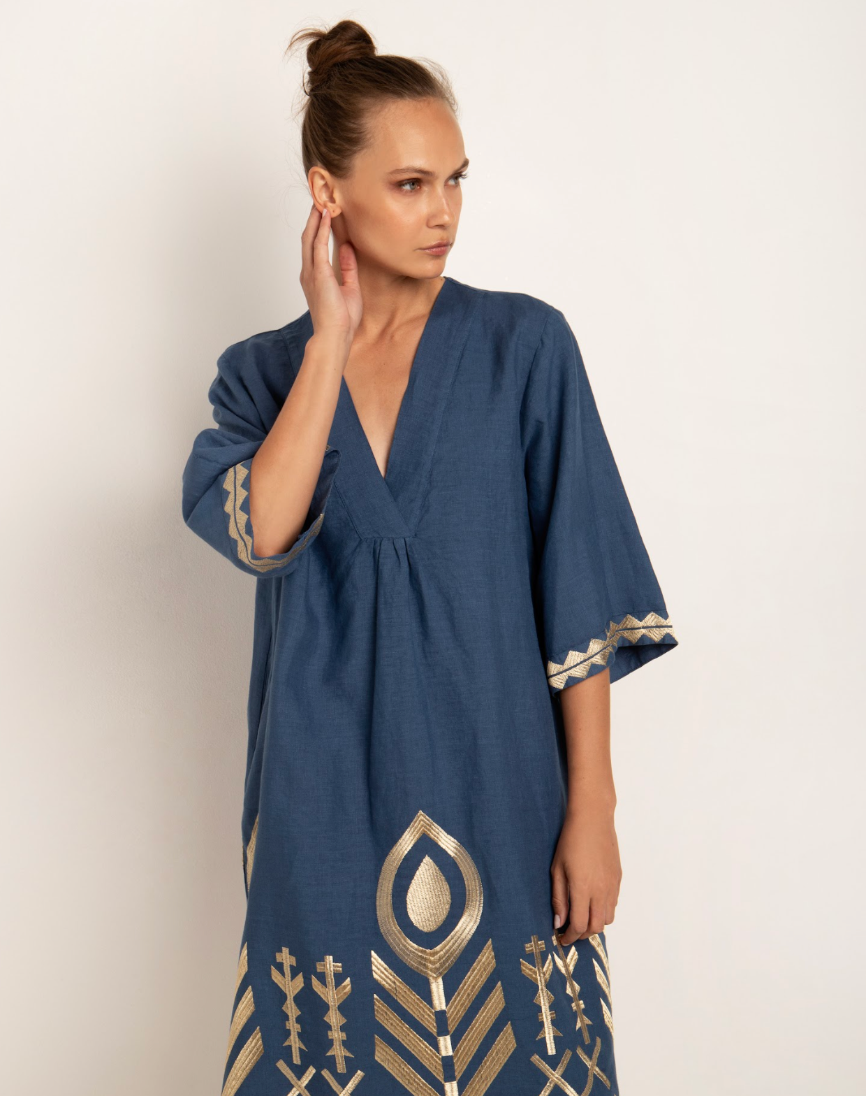 Feather V-Neck Midi Dress- Indigo/Gold