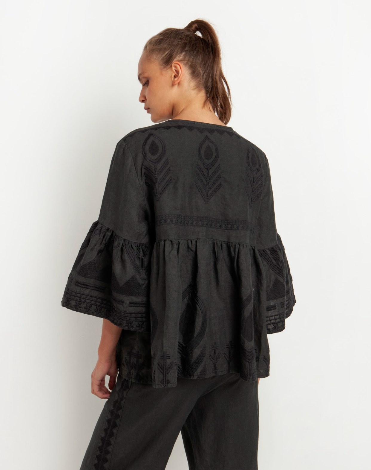 V-Neck Feather Top- Black/Black