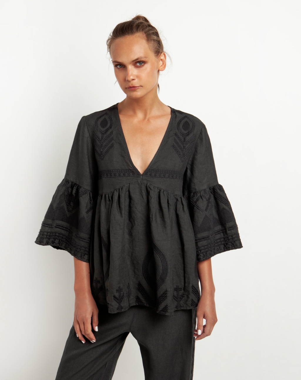 V-Neck Feather Top- Black/Black