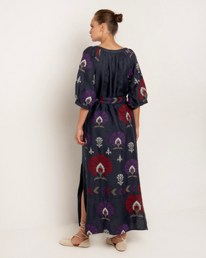 Mini Peacock Midi Dress- Navy Blue/Purple