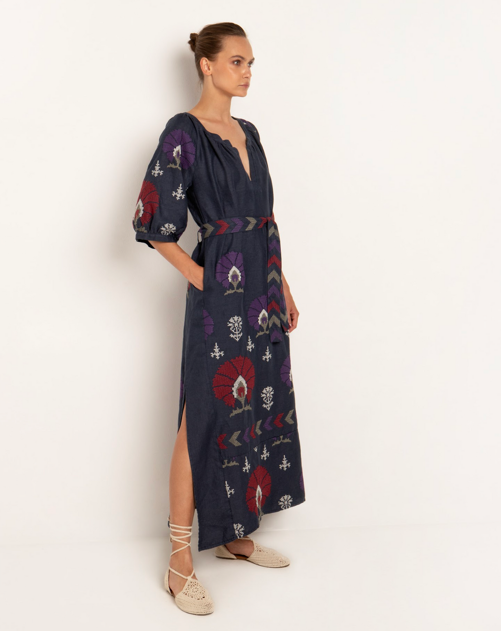 Mini Peacock Midi Dress- Navy Blue/Purple