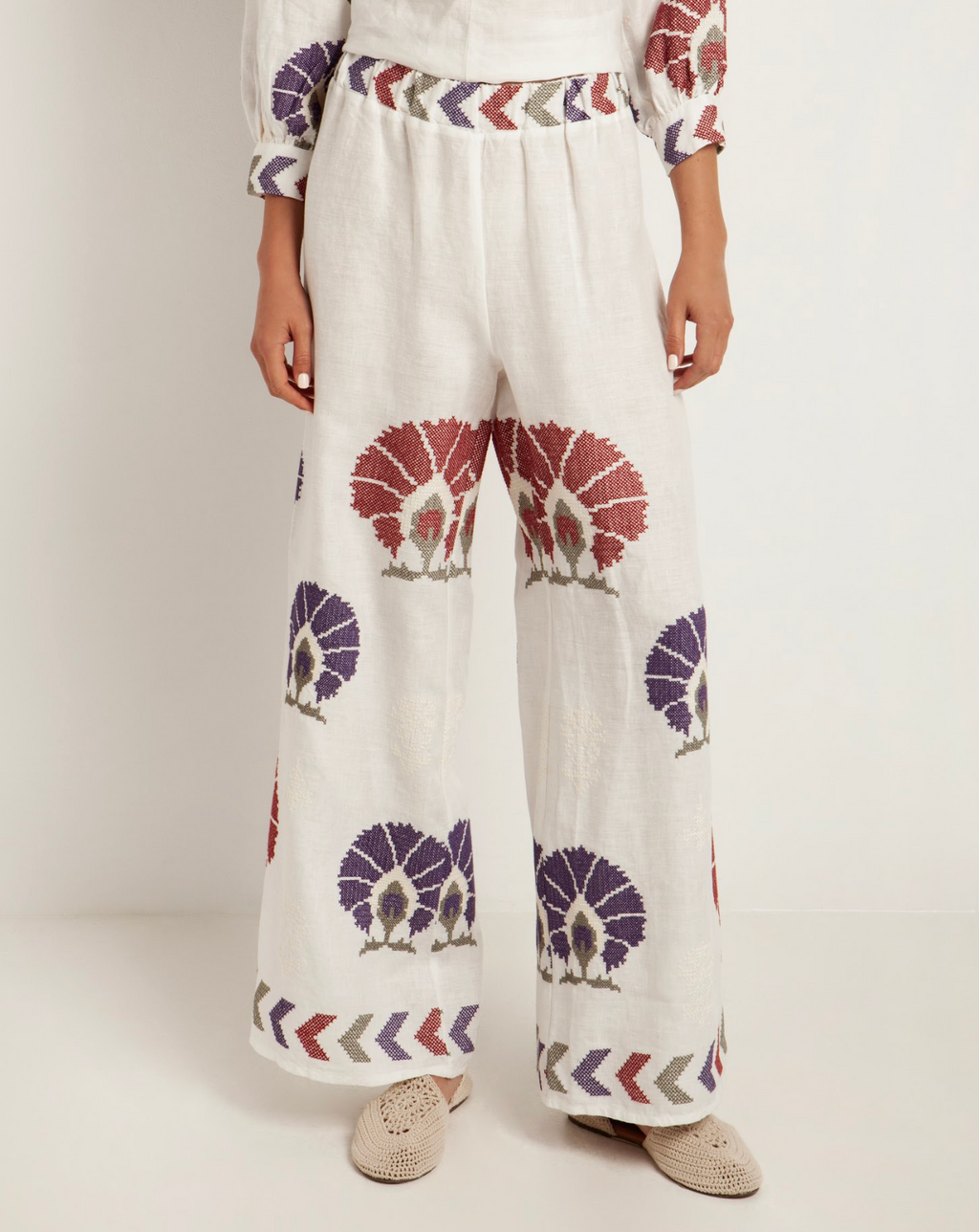 Mini Peacock Linen Pants- White/Purple