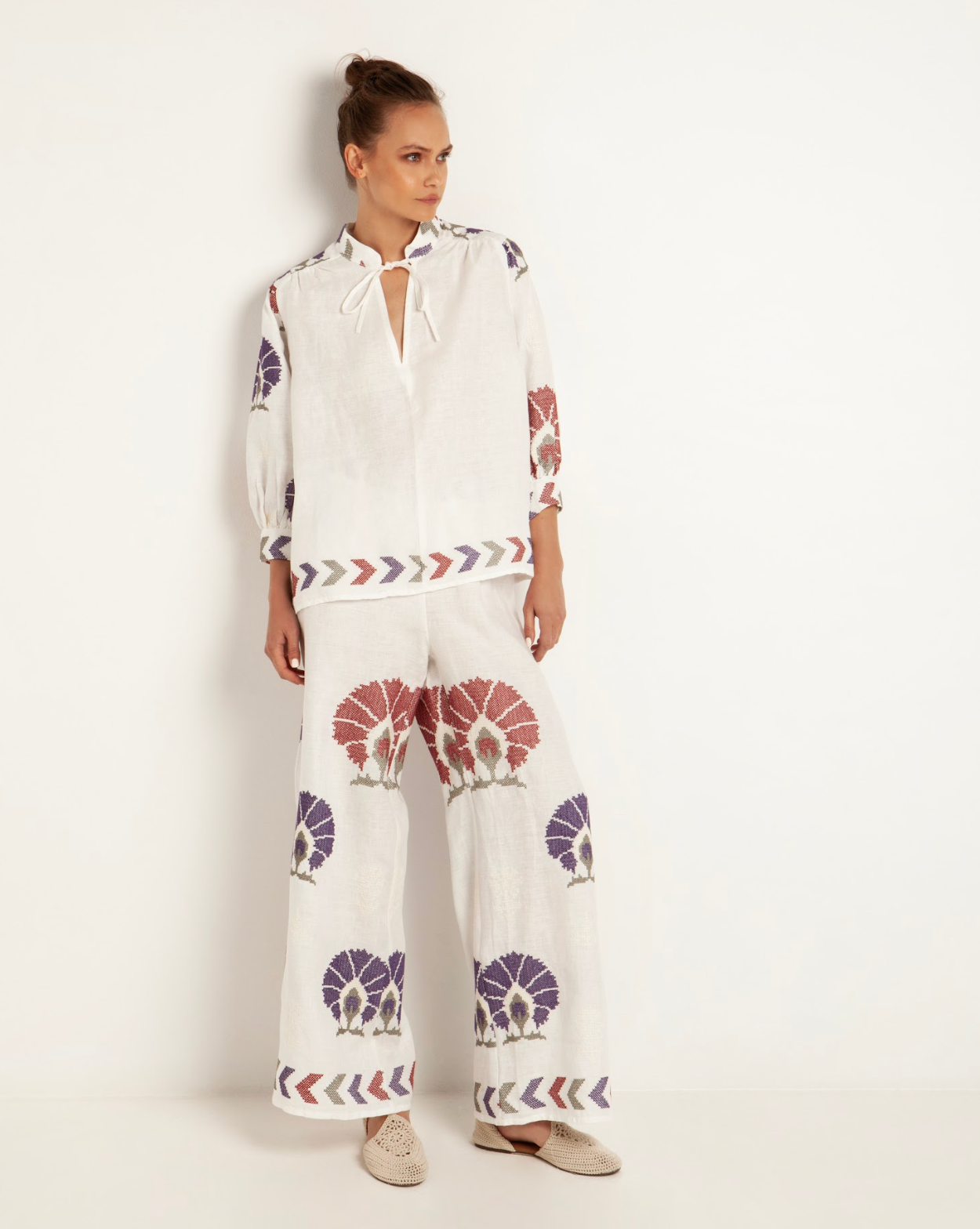 Mini Peacock Linen Pants- White/Purple