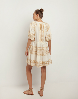 Classic Traingel Puff Sleeve Mini Dress - Natural/Gold