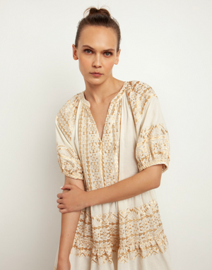 Classic Traingel Puff Sleeve Mini Dress - Natural/Gold