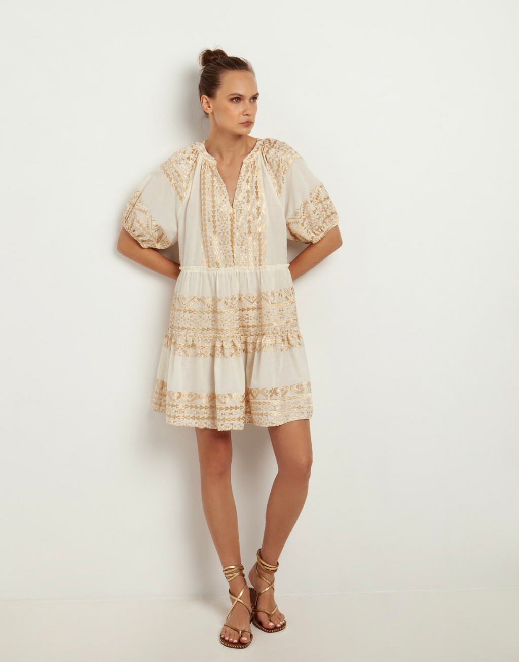 Classic Traingel Puff Sleeve Mini Dress - Natural/Gold