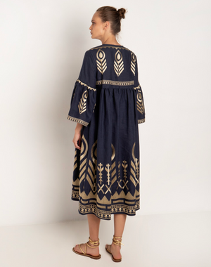 Feather Bell Sleeve Midi Dress - Navy Blue/Gold