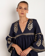 Feather Bell Sleeve Midi Dress - Navy Blue/Gold