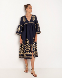 Feather Bell Sleeve Midi Dress - Navy Blue/Gold