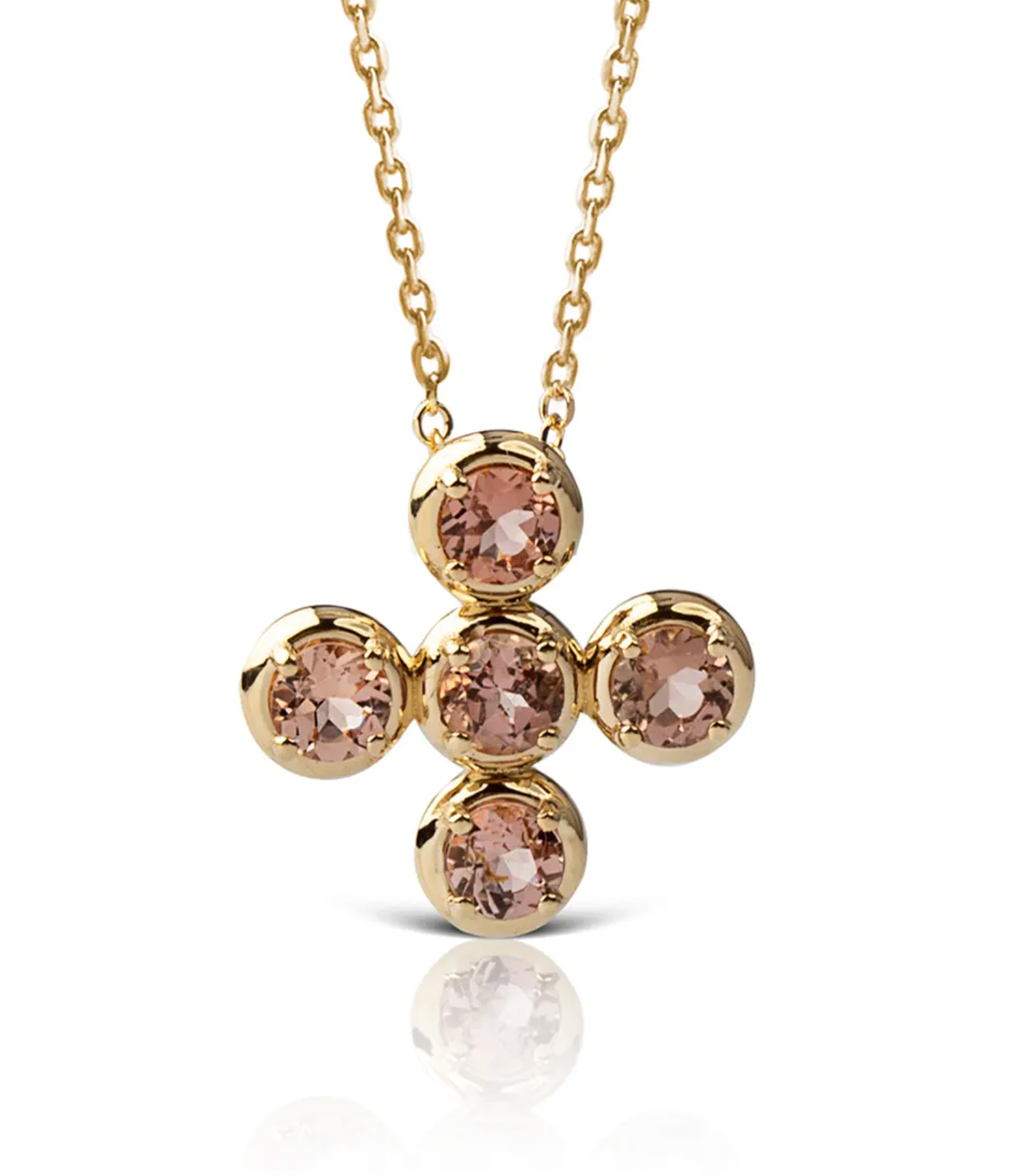 Circle Gold Cross Necklace with 5 Pink Tourmalines