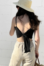 Tie Back Linen Tank in Black
