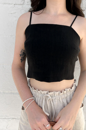 Tie Back Linen Tank in Black