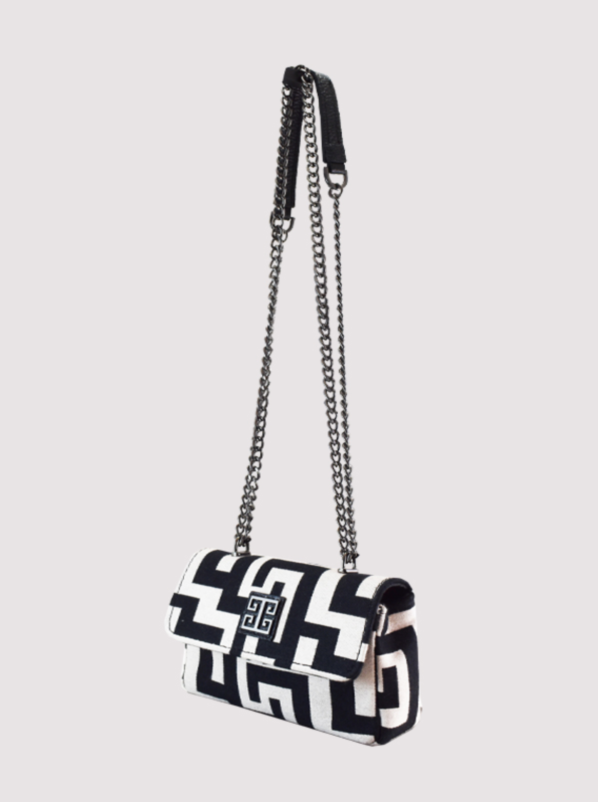 Danae Bag in Classic Pattern Ecru/Black - Chain Strap