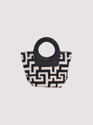 Imera Bag in Clasic Pattern Ecru Black - Baby Blue/Tan Strap
