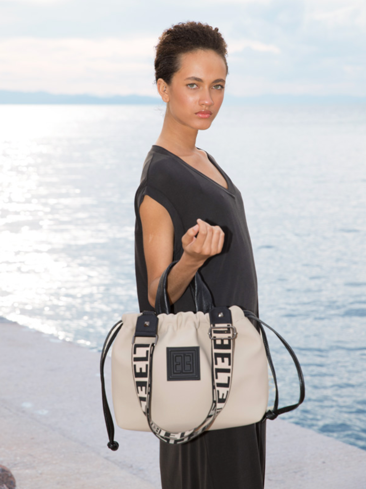Sofia Scuba Bag in Beige- Hazelnut/Black Strap