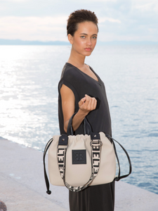 Sofia Scuba Bag in Beige- Hazelnut/Black Strap