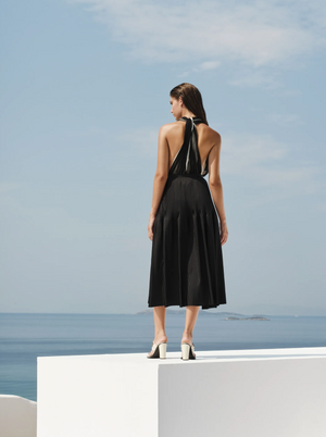 Shell Asymmetric Pleated Midi Skirt in Black