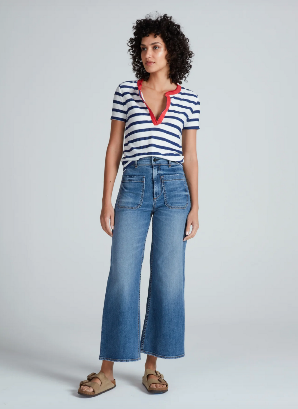 Classic Henley Tee in Navy Thin Stripe