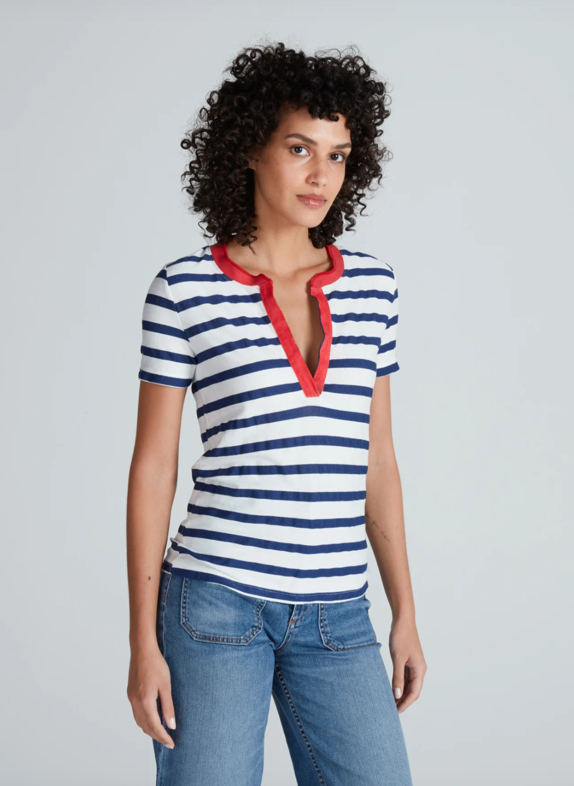 Classic Henley Tee in Navy Thin Stripe