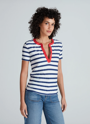 Classic Henley Tee in Navy Thin Stripe