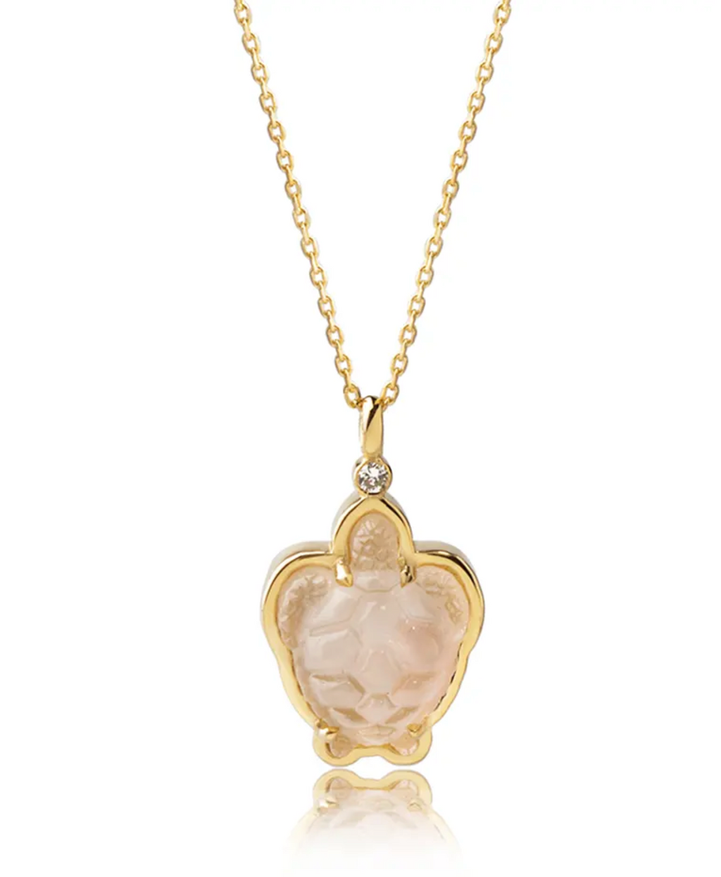 14K Gold Tiny Turtle Necklace with Mother of Pearl and Diamond