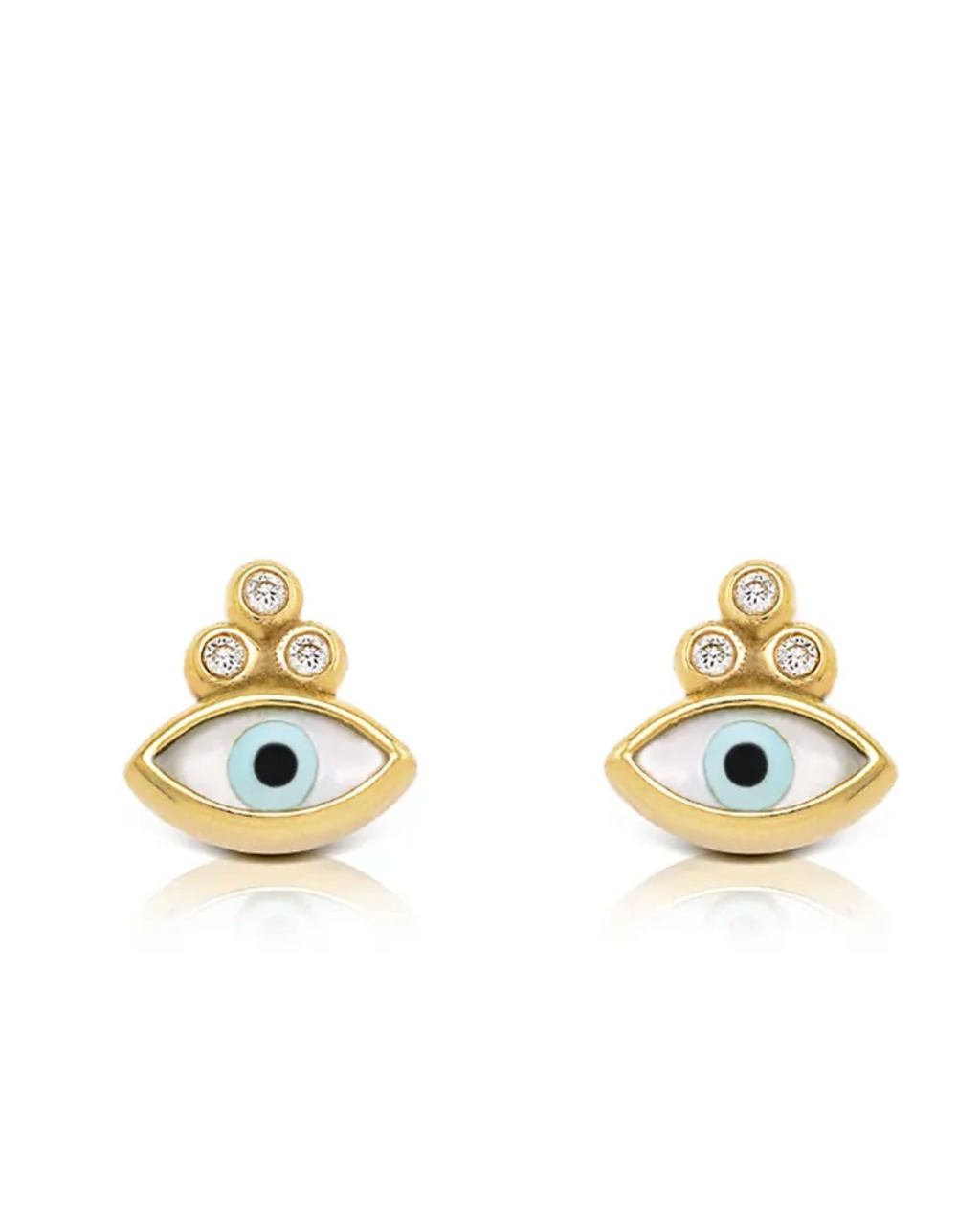 Navette Evil Eye 14K Gold Tiny Earrings with 3 Diamonds