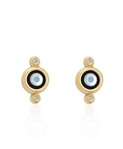 Round Evil Eye 14K Gold Tiny Earrings with 2 Diamonds