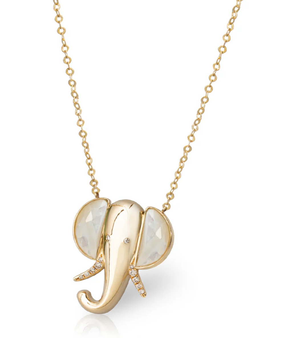 14K Gold Elephant Necklace with Mother of Pearl and Diamonds