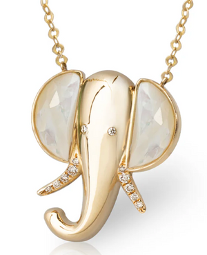 14K Gold Elephant Necklace with Mother of Pearl and Diamonds