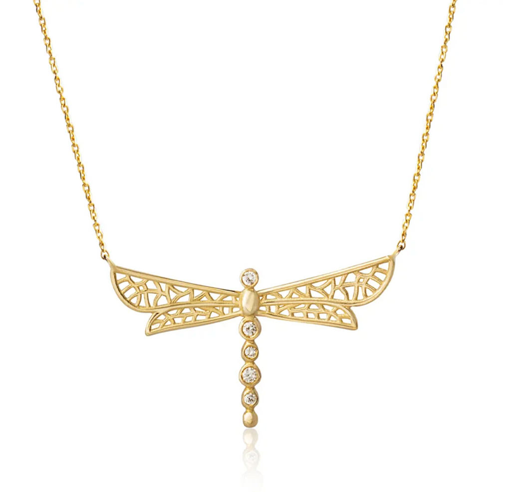 14K Gold Dragonfly Necklace with Diamonds
