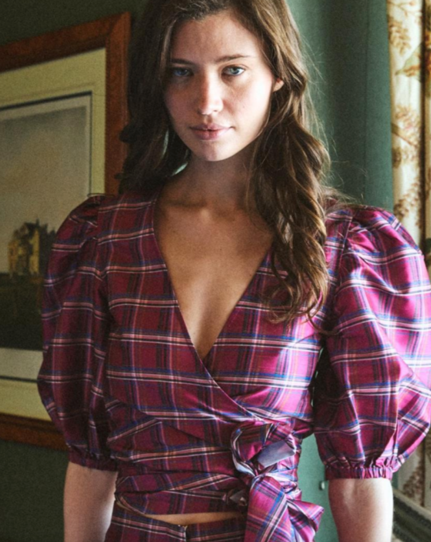 Scarlett Wrap Top in Berry Tartan