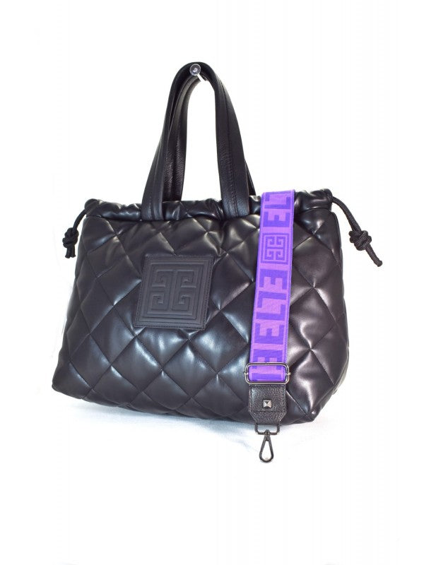 Galini Large Capitone Bag in Black with El Purple Strap
