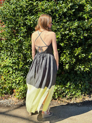 Linen Two Tone Dress in Charcoal/Lime